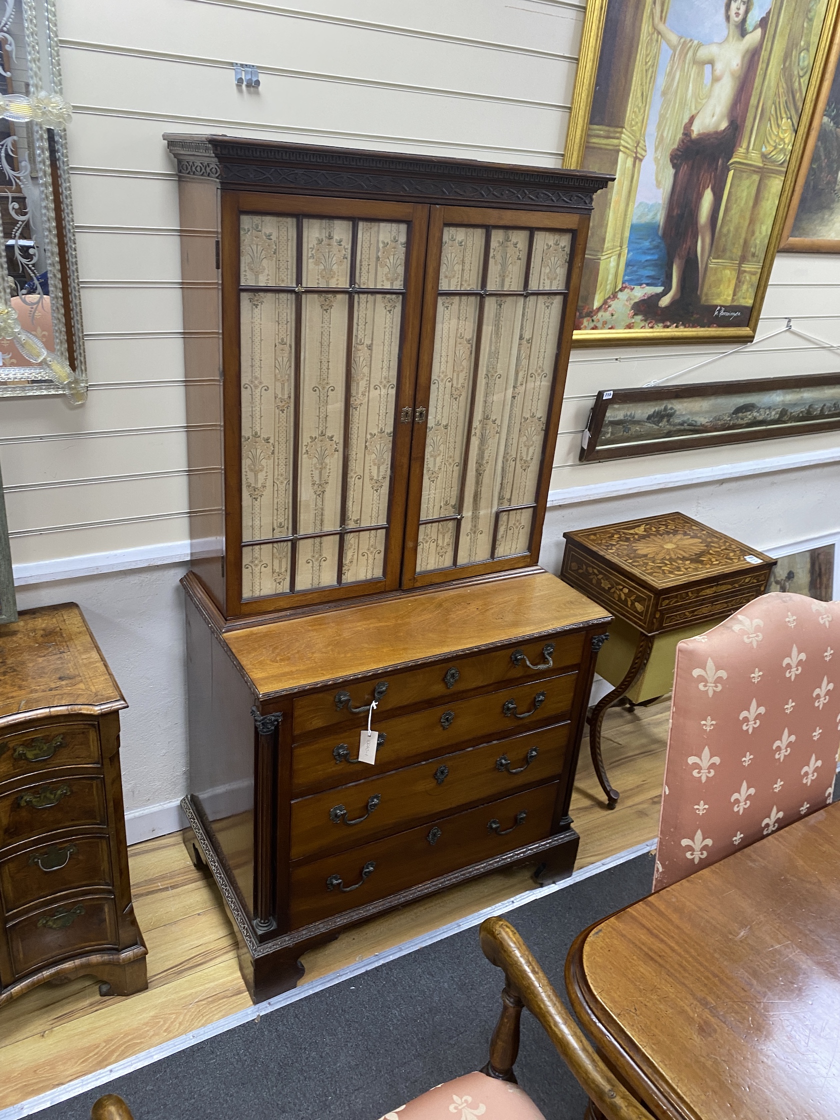 A George III style mahogany cabinet on chest, width 87cm, depth 53cm, height 173cm